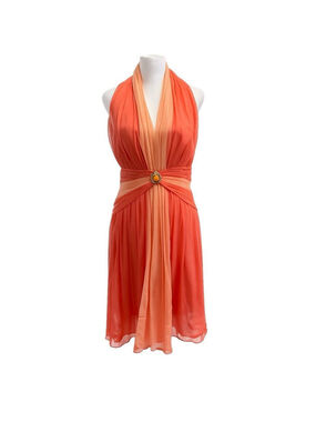 Maggy London Y2K Fairy 100% Silk Chiffon Halter Orange Pink Sherbet 12P NWT